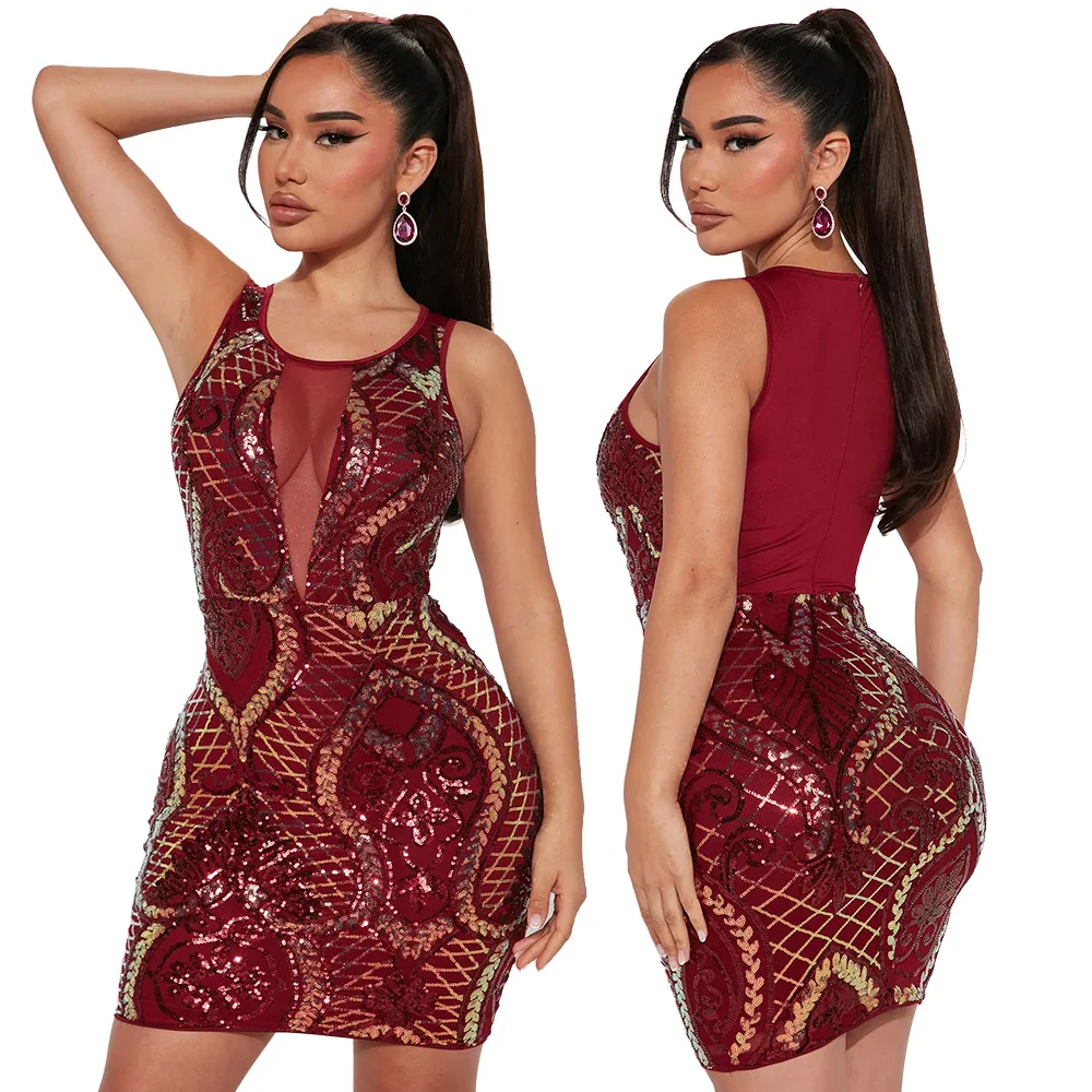 Pailletten Jurk Vrouwen Jurken Bodycon Billen Slanke Print O Hals Knielengte Vestidos Hoge Taille Party 2025, Zomer Sexy Club