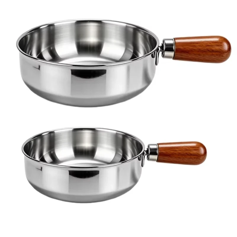 1PC Stainless Steel Milk Pot with Heat-Resistant Wooden Handle Induction Compatible Non-Slip Base Even Heat Distribution