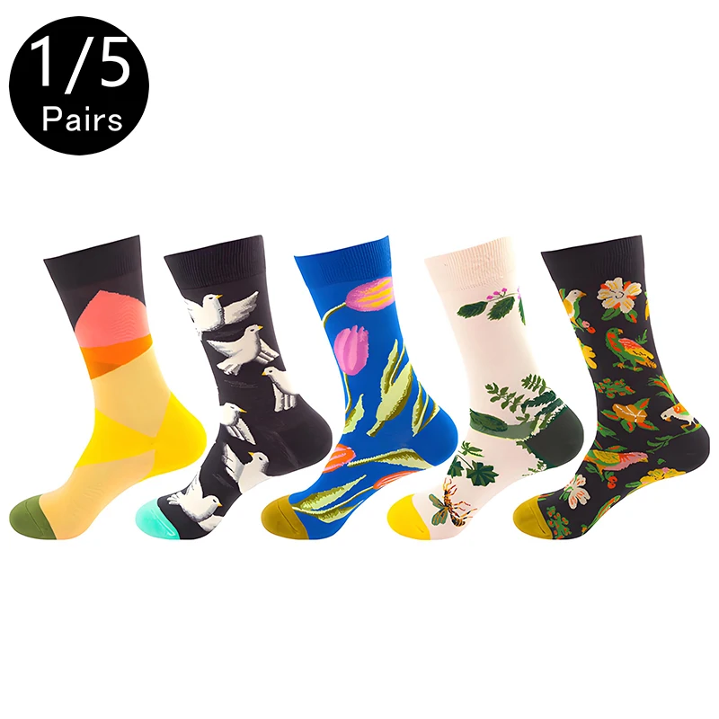 

1/5 Pairs Cotton Fashion Mix Match Men Crew Socks Sport Outdoor Oil Painting Cartoon Flower Bird Pigeon Women Casual Funny Socks