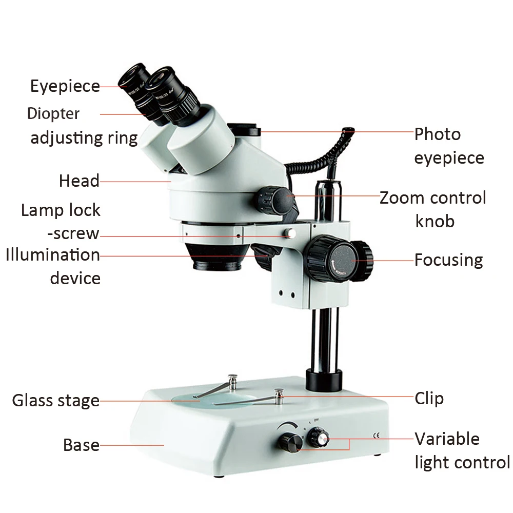 High Resolution 3.5X-180X Trinocular Stereo Microscope Precision Parts Metal Pillar Bracket Textile Industry Use Protect Eyes