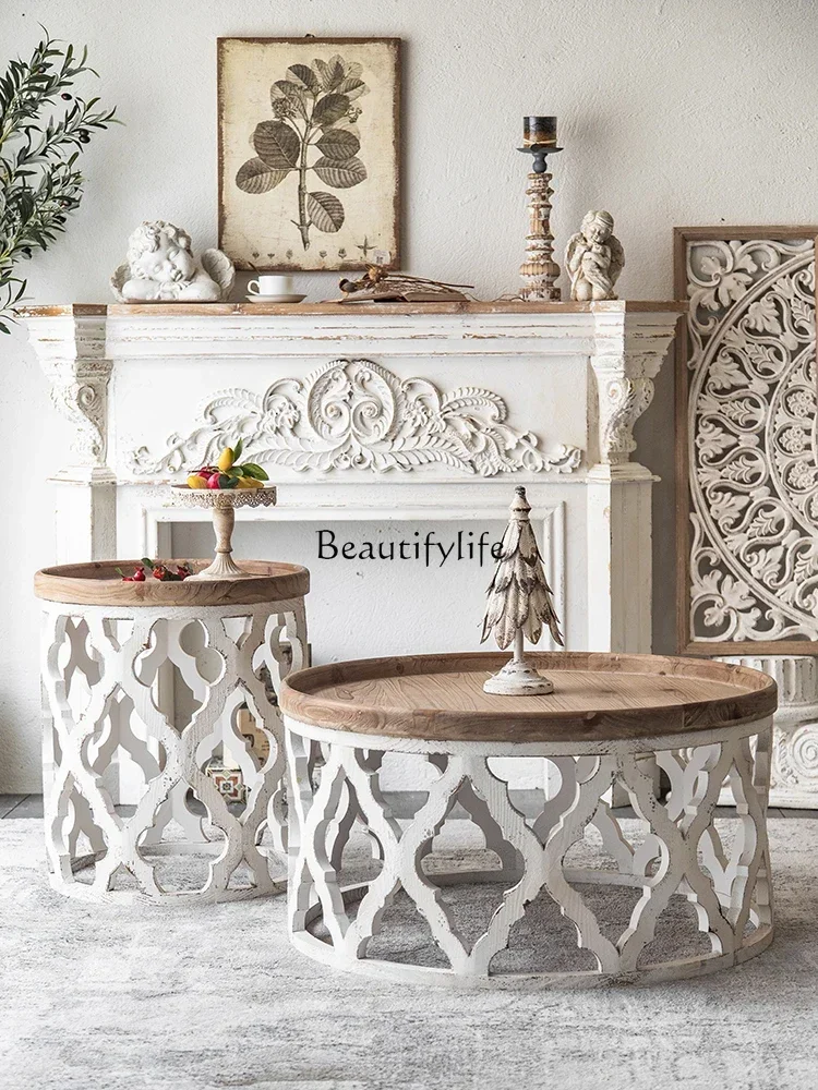 

lRetro American coffee table solid wood living room sofa homestay round old coffee low round table home