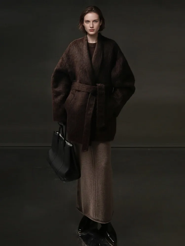 Ladies Fashion Winter V Neck Belt Alpaca Wool Coat Single Breasted Jacket Warm Windproof Female Wide Waisted Office Outerwear