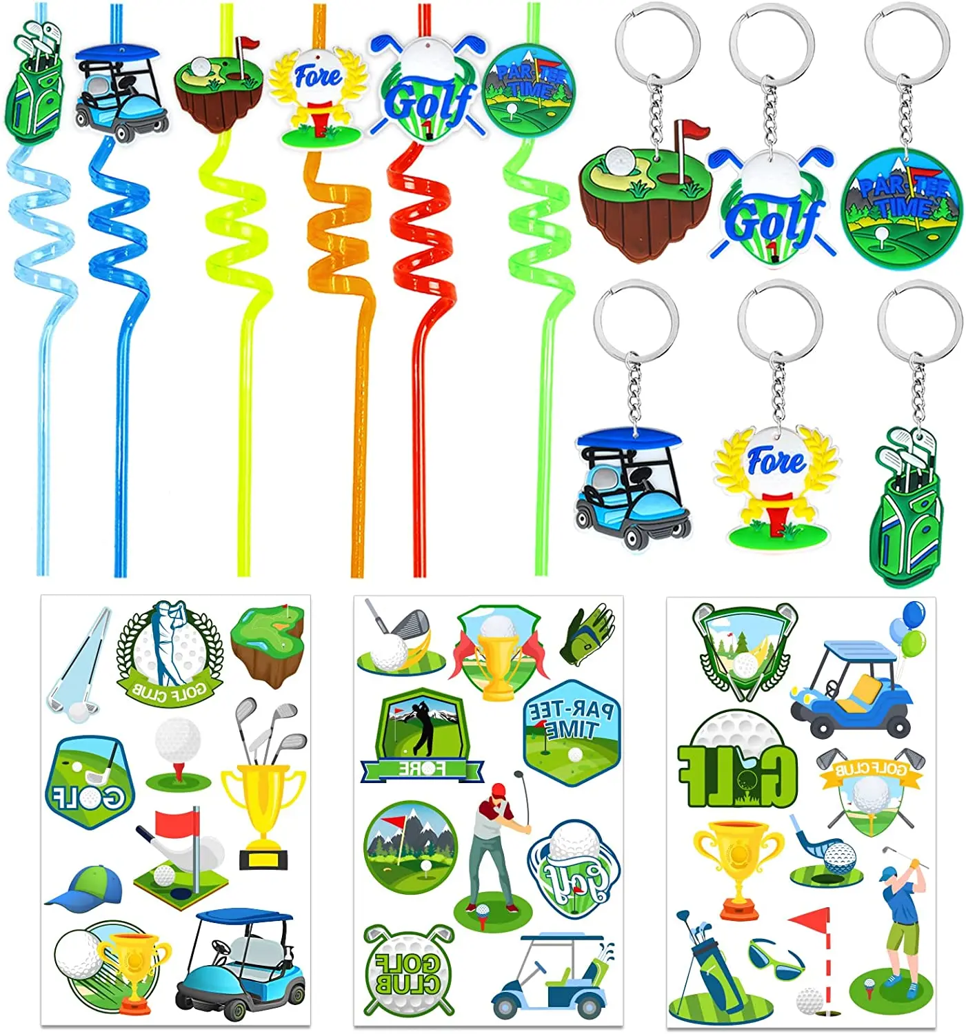 

Fangleland Golf Party Favors, Golf Ball Keychains Golf Temporary Tattoos Reusable Straws for Adults Kids Birthday Party Supplies