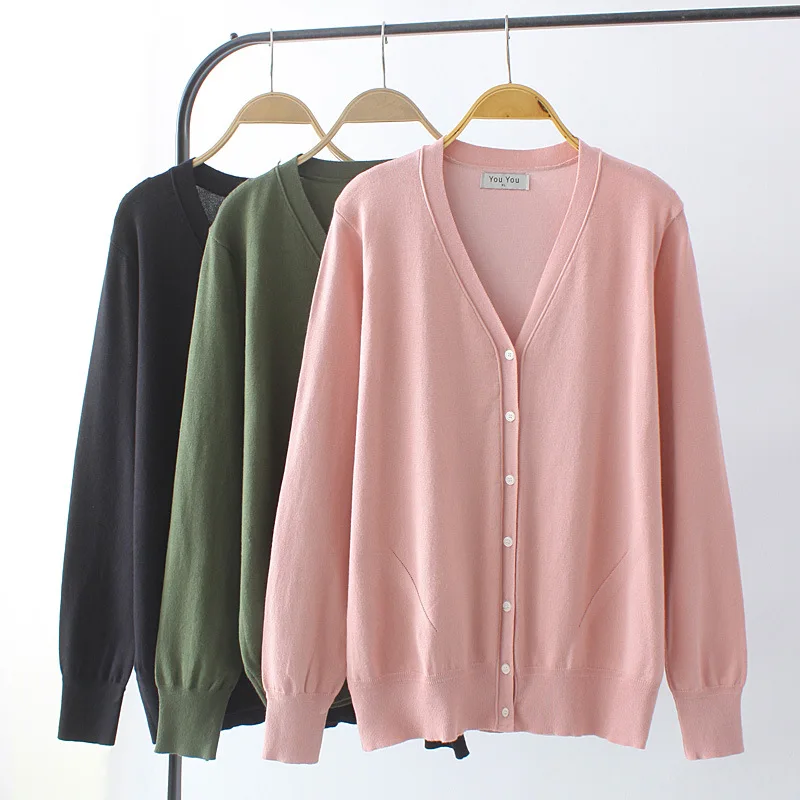 2022 Autumn Winter Plus Size Sweaters Women Strecth Mercerized Cotton Knitted Cardigan Simple Solid Color V-Neck Curve Jumper