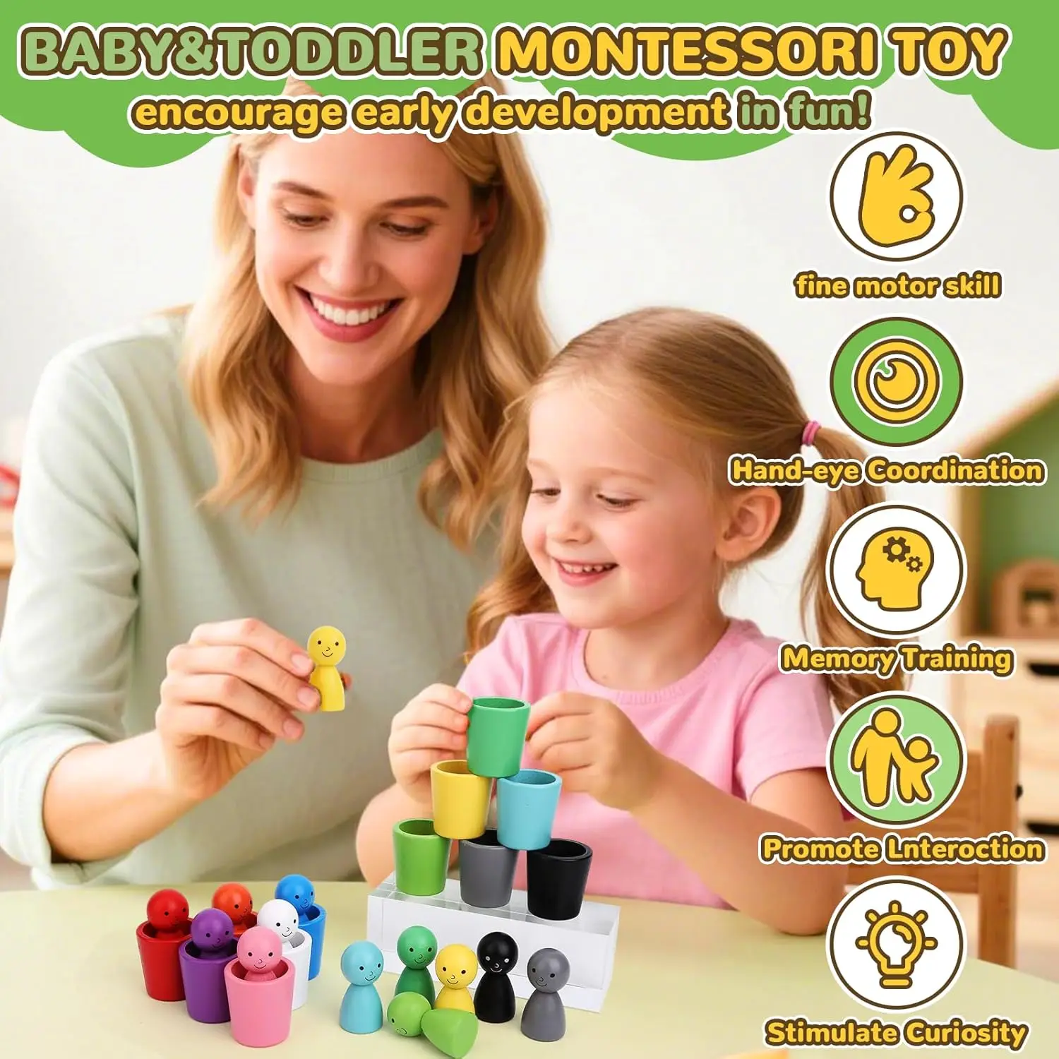 Montessori Color Sorting Toys Color Matching Sensory Game Wooden Peg Dolls in Cups Early Education Learning Toys For Toddler 3+