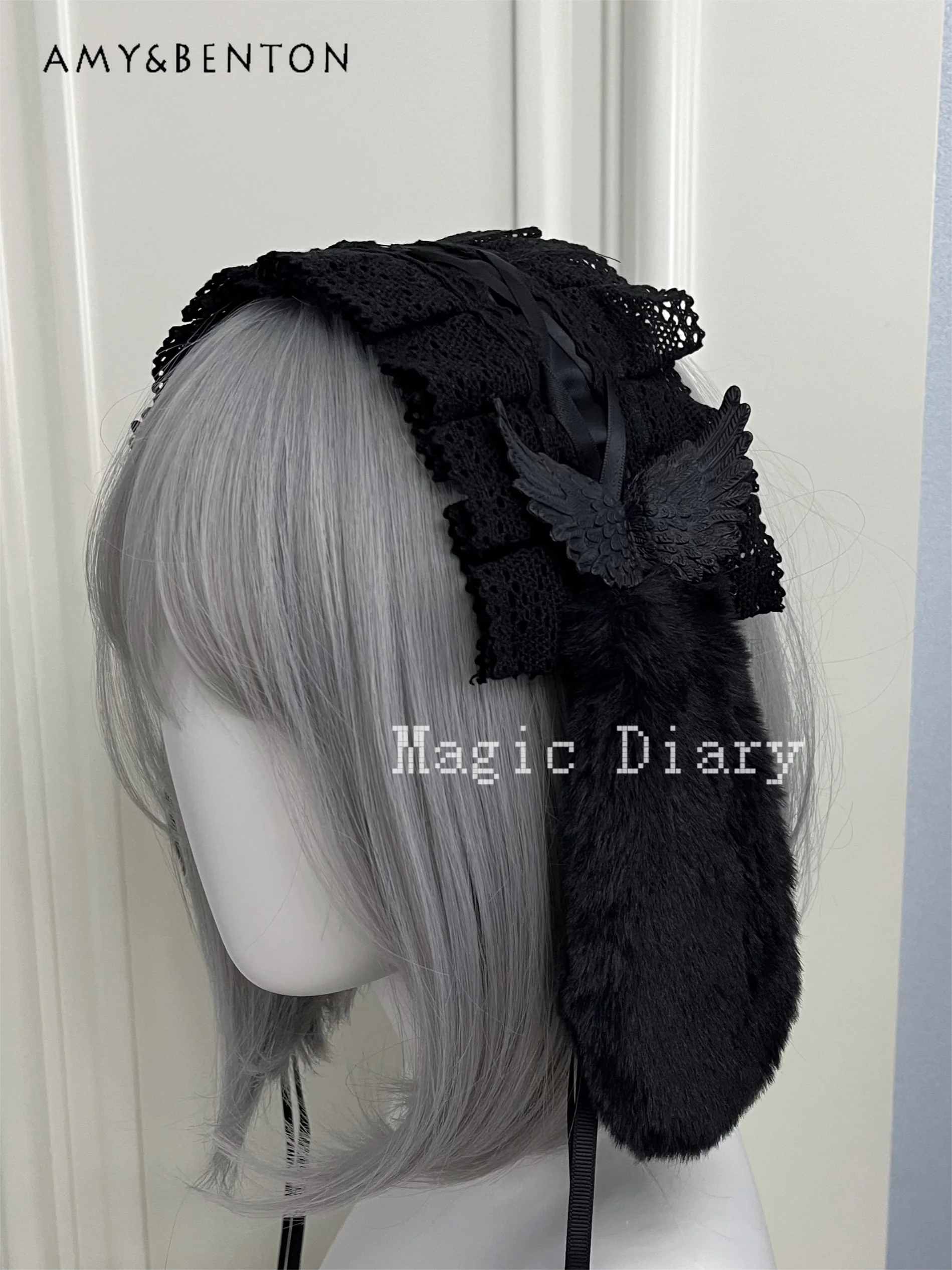 Japanese Harajuku Lace Stitching Lace-up Butterfly Plush Rabbit Ears Headbands Subculture Dark Goth Lolita Girl Hair Accessories