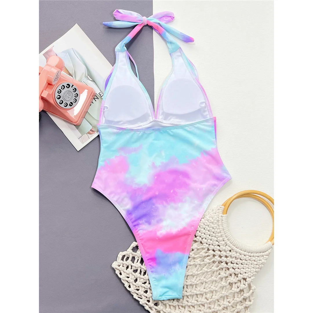 Neuer, sexy, batikfarbener Badeanzug mit V-Ausschnitt und Neckholder für Damen, einteiliger Badeanzug, Monokini mit hohem Beinausschnitt, Badebekleidung, Badeanzug V4624 – Detail 10