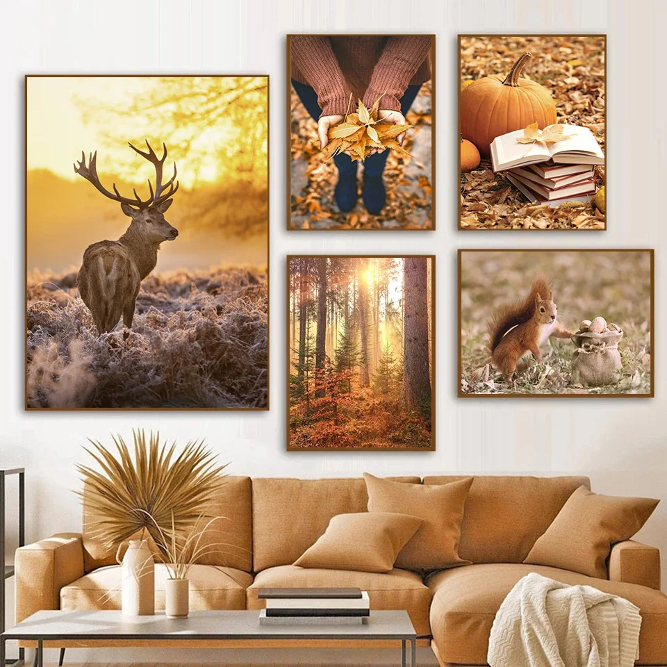 Deer Forest Squirrel Poster Pumpkin Book Woman Canvas Prints Autumn Landscaqpe Painting Nordic Wall Art Picture Livingroom Decor