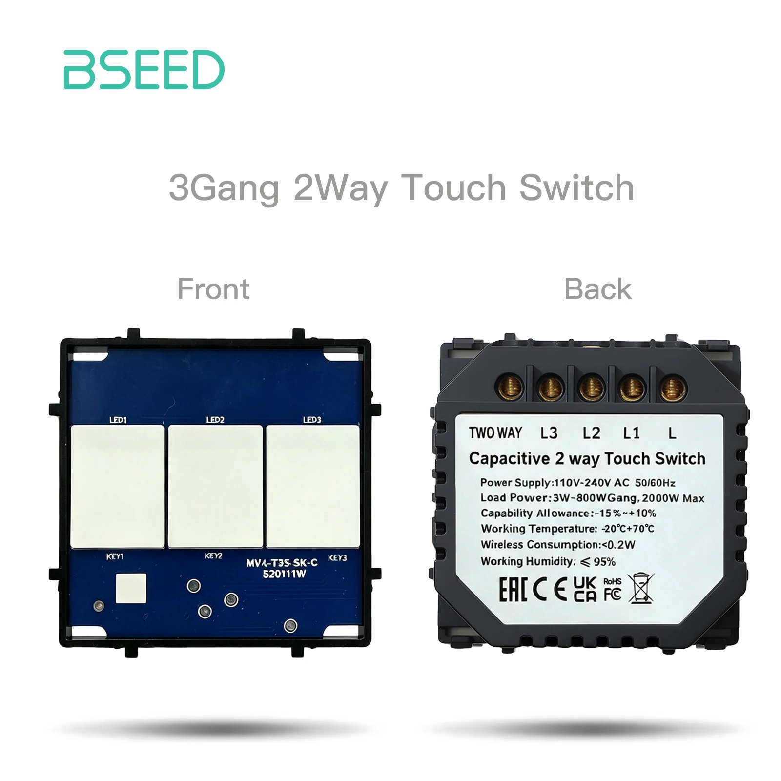 Bseed Die Basis des Touch-Schalters 1/2/3 Gang 1/2Wege Lichtschalter ohne Glasscheibe EU-Standard-Dimmerschalter DTY-Funktionsteil