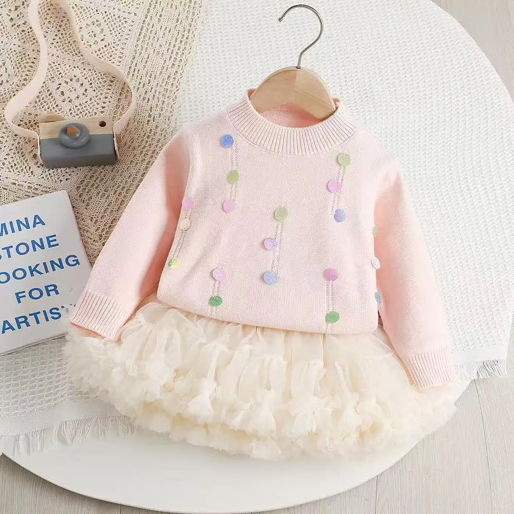 

Girl's Jumper Set Shell Sequins Jumper + Light Pink Mesh Skirt Female Baby New Chao Pai Korean Knitting Two-piece Set 90-130cm