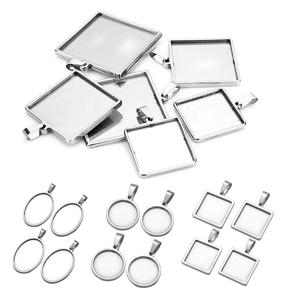 5 sztuk kwadratowy wisiorek ze stali nierdzewnej Cabochon podstawa taca Bezel puste ustawienia Cameo dla majsterkowiczów tworzenia biżuterii akcesoria naszyjnikowe