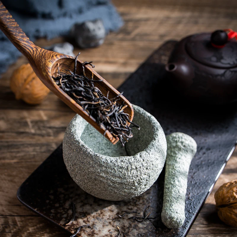 Mortar Pestle Natural Stone Handmade Zen Premium Tea Pet Spice Grinder Chinese Tea Ceremony Home Kitchen Gift for Tea Lovers