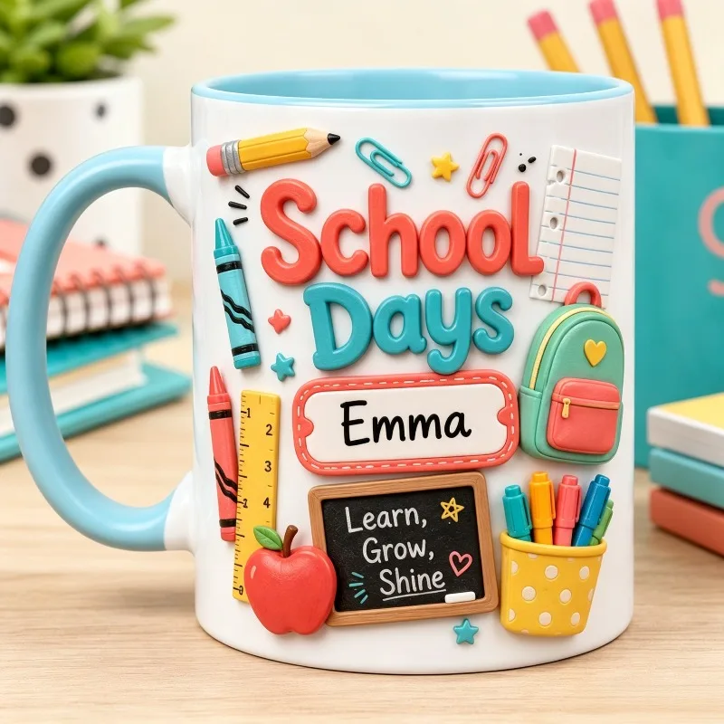 Personalized Back To School Theme Mug 2D Print Ruler Crayon Apple Design Custom Name Ceramic Coffee Cup Student Gift