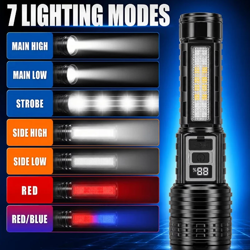 High Power LED Flashlight USB Rechargeable COB Torch with Side Light 7 Lighting Modes Portable Lantern for Outdoor Camping Hikin