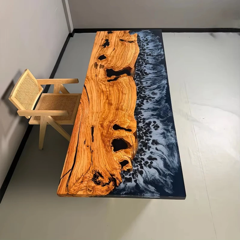 Modern Mirror Log Sapwood Solid Wood Panel Epoxy River Table Large Dining Table Kitchen/Living Room