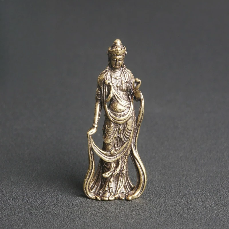 

2PCS Retro Brass Guanyin Desktop Ornament Buddhist Offering Bodhisattva Statue Decoration Ornament