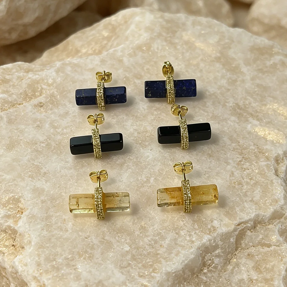 Assorted Natural Semi Precious Stone Bar Stud Earrings 18K Gold Plated Micro Paved Band Wholesale for Business Attire E2R232