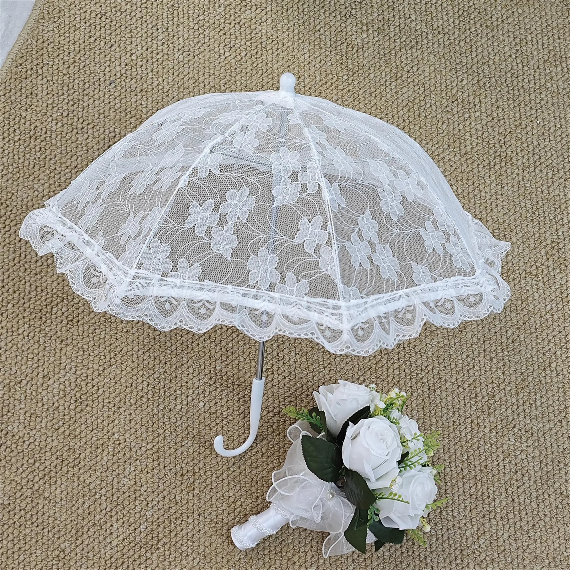 Elegant Lace Parasol with Long Handle for Tea Parties Weddings and Photography - Vintage Style Umbrella Prop