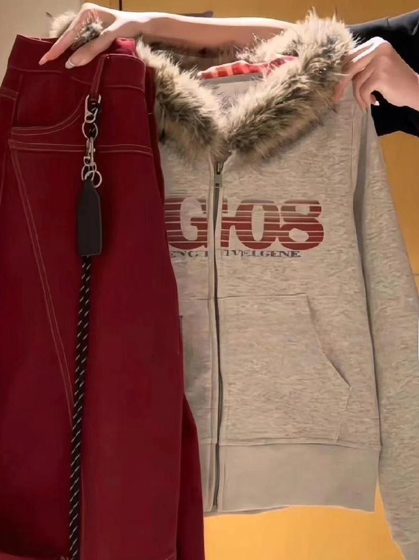 

American Style Spicy Girl Grey Fur Collar Hoodie Jacket Women Early Autumn Super Good Design Short Open Cardigan Top