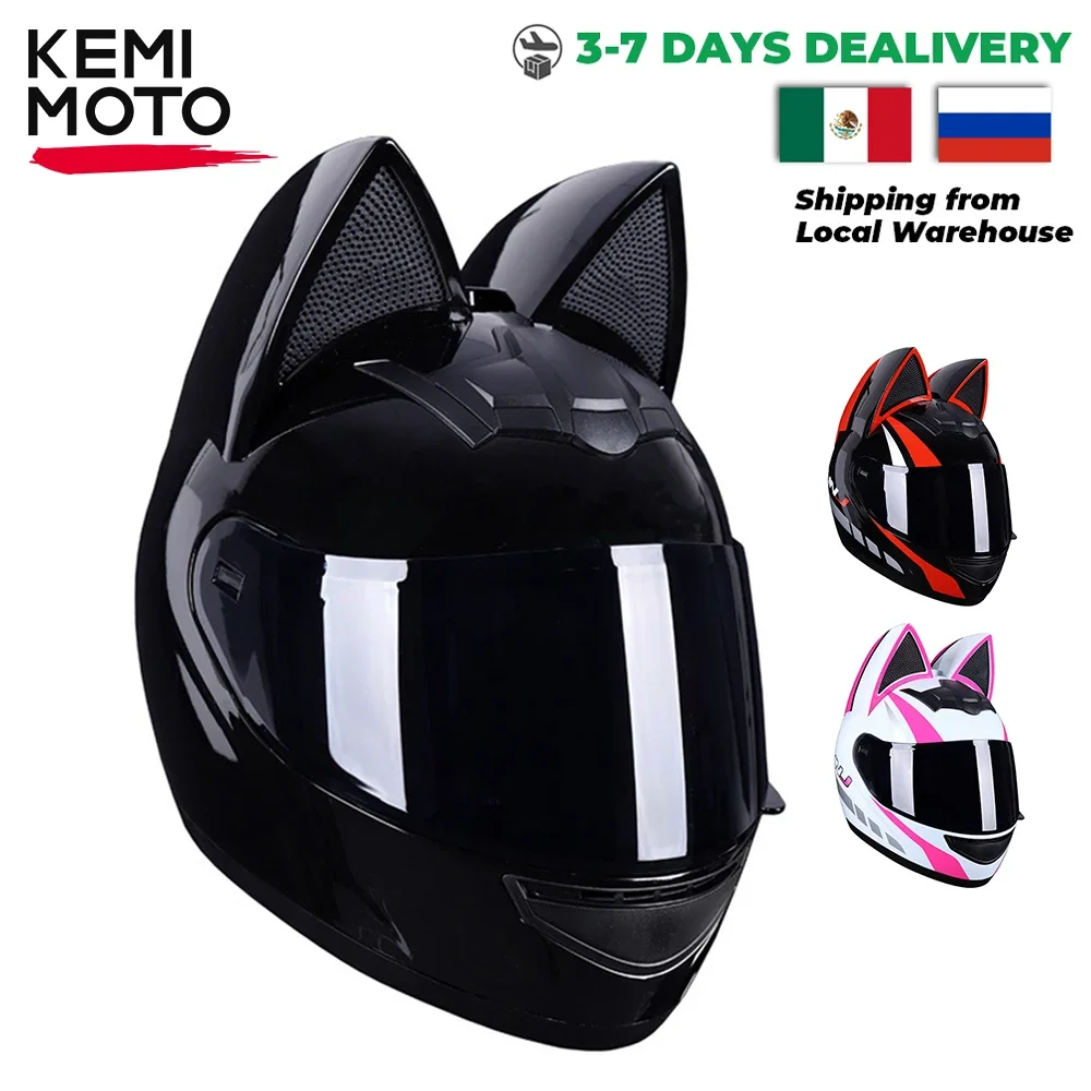 Capacete de moto com orelhas de gato, removível, aprovado pelo DOT, acessórios de moto para mulheres e homens, rosto completo, respirável