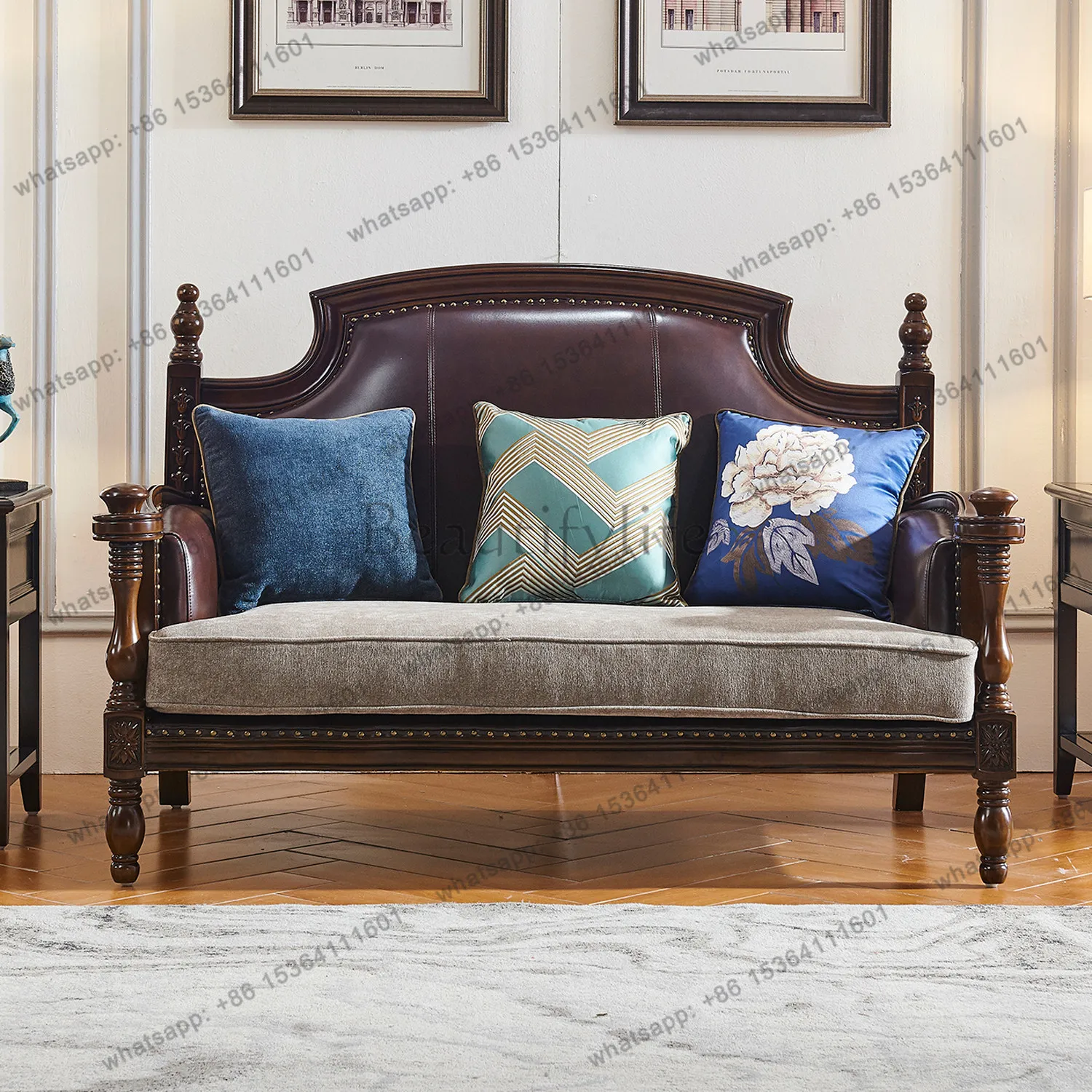 American solid wood leather sofa simple cloth seat wrapping leather cloth combined with armrest cowhide sofa