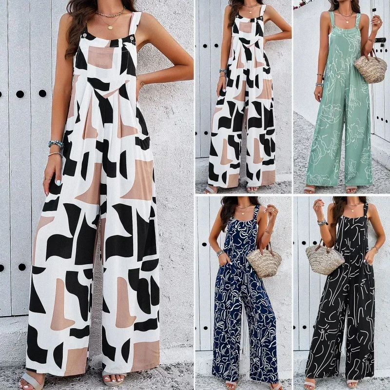 Summer New Womens Clothing Elegant Printed Women Sling Jumpsuit Simplified Square Neck Female Jumpsuits