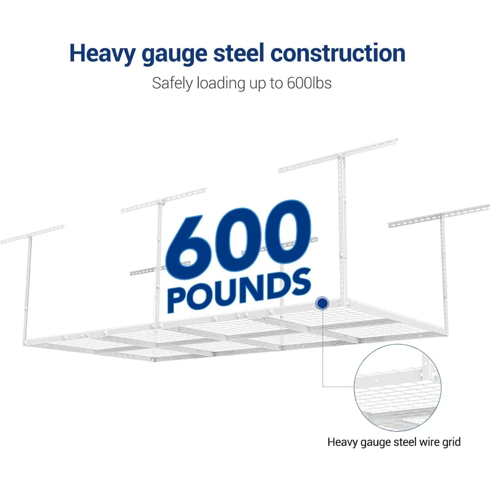 ชั้นเก็บเพดานโรงรถเหนือศีรษะ 3x8, ระบบองค์กรโรงรถที่ปรับได้, โลหะหนัก, ความจุน้ําหนัก 600 ปอนด์