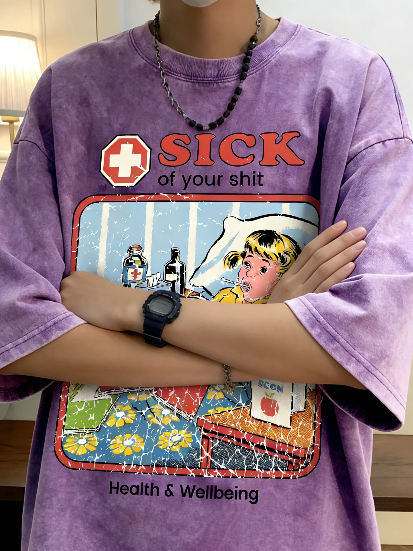 Bawełniana koszulka damska oversize z efektem sprania, vintage nadruk Sick Girl, oddychająca bluzka na wiosnę i lato, styl Y2K retro casual streetwear