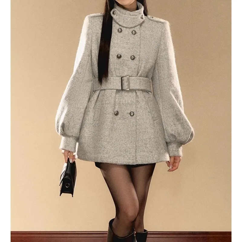 معطف صوفي كوري عالي الجودة بأكمام واسعة من الذهب للنساء لشتاء 2025 معطف صوفي مزدوج الصدر بمزاج جديد #2