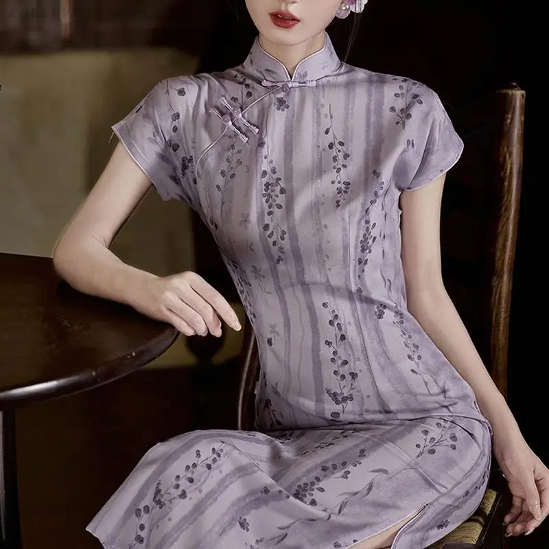 

Summer Retro Artistic Style Cheongsam Female Print Flower Qipao Chinese Traditional Improved Dress Evening Party Prom Gown