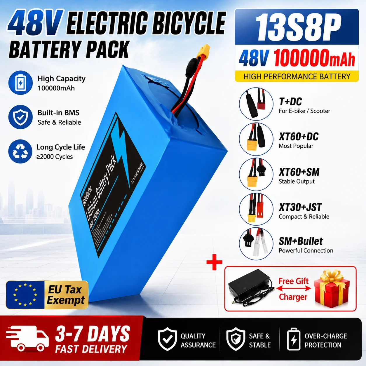 Power-Akku 18650 Lithium-Akku-Pack 13S8P 48V 100000mAh 100Ah Große Kapazität Geeignet für 250-1500W Eingebautes BMS+54,6V2A Ladegerät EU/US