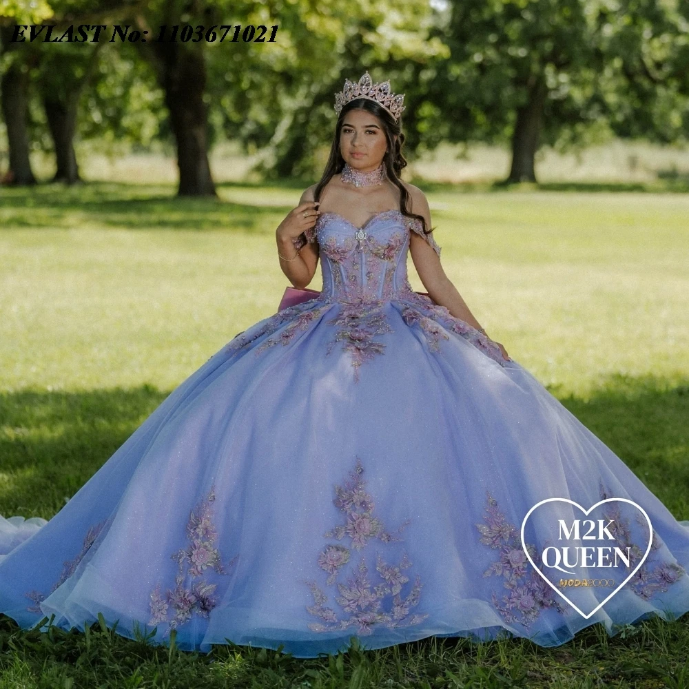 EVLAST Glitter Lavender Quinnceanera gaun bola renda Applique manik-manik merah muda busur korset manis 16 Vestidos De 15 Anos SQ571