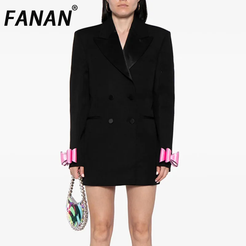 

FANAN Elegant Sleeve Contrast Color Blazers For Women Double Breasted Loose Jackets Fashion Female Coats 2025 Spring New