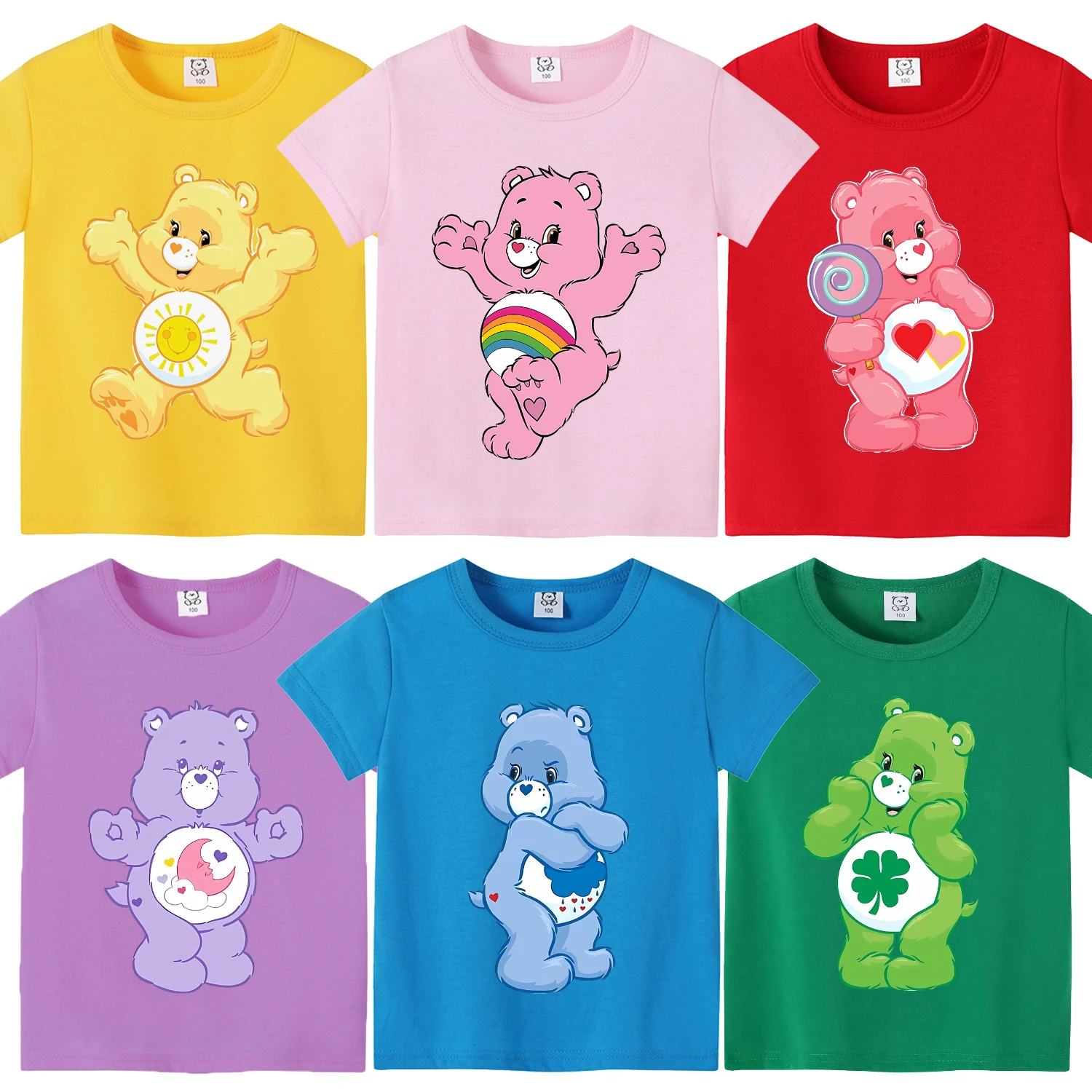 Care Bears T-Shirt für Kinder, Kawaii Anime T-Shirt, Oberteil für Jungen und Mädchen, Kleidung mit Cartoon-Muster, kurzärmelig, Sommerkleidung für Kinder, Geschenk