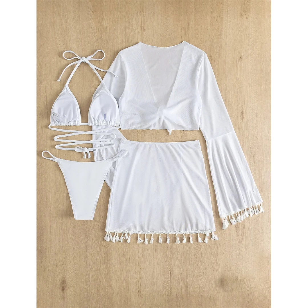 S - XL, mit Fransenrock, langärmeliges Bikini-Set für Damen, Badebekleidung, vierteiliges Bikini-Set, Badeanzug, Badebekleidung, Modell V7060. – Detail 32