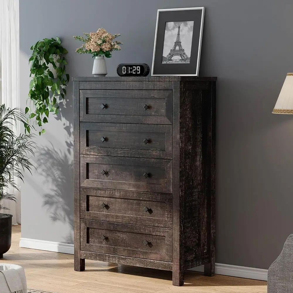 

5-Drawer Rustic Oak Chest for Bedroom, Living Room, or Entryway with Metal Handles