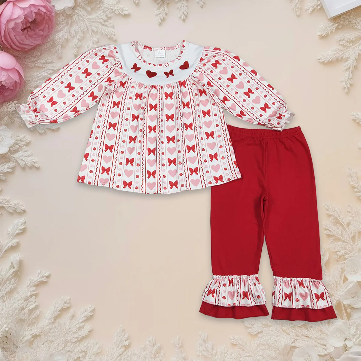 Toddler Baby Girl Long Sleeve Embroidery Bows Tunic Valentines Kids Set Ruffle Pants Clothes Outfit Children Clothing Wholesale