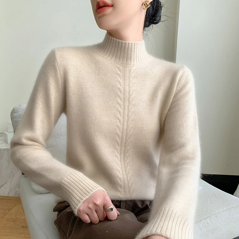 

Autumn/Winter New Women's 100% Cashmere Sweater High End Half High Neck Knitted Pullover Solid Color Casual Women's Top