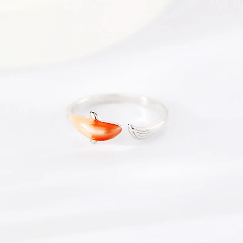 Classical Literature Art Good Luck Carp Orange Drip Glaze 925 Sterling Silver Female Resizable Opening Rings RI941