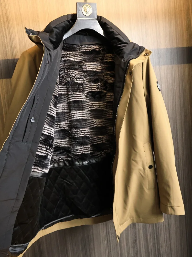 

H-Home Removable Rabbit Fur Leather Vest Men's Winter Anti-Cold Warm Waterproof Hooded Parka Jacket Trendy Standard Fit Fashi...