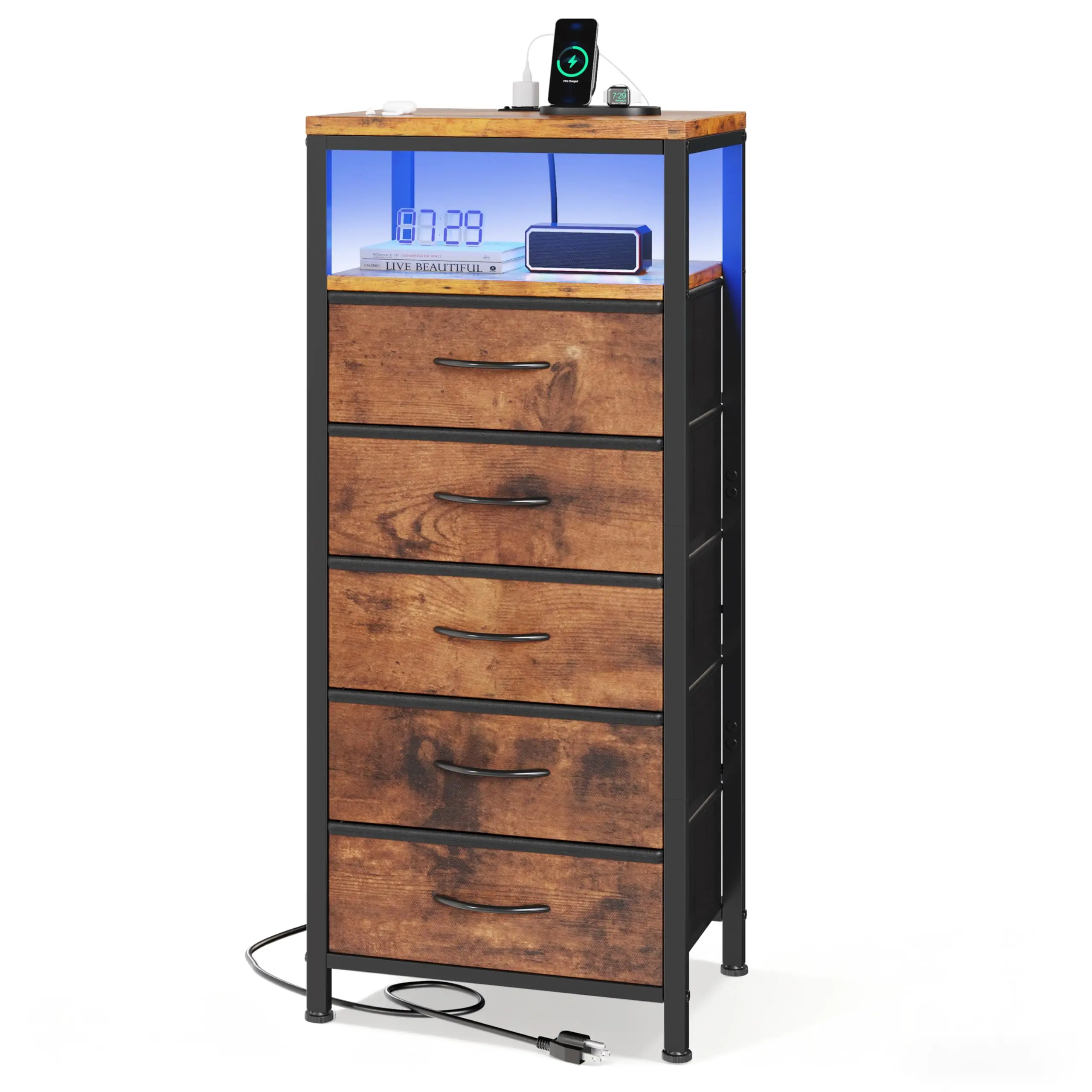 JHK 5 Fabric Drawers Dresser For Bedroom Nightstand with Charging Station and Outlets Adjustable Feet and Variable Light Strip 8