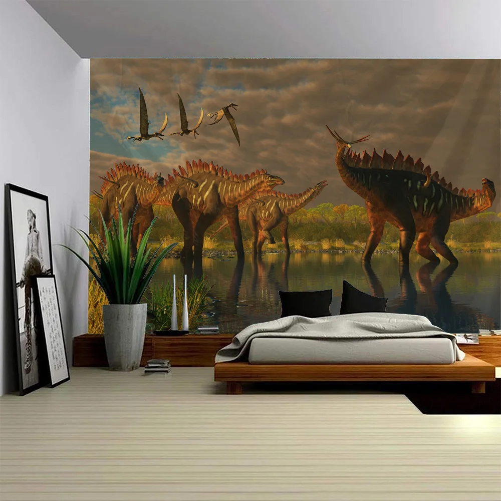 Dinosaur Forest Wall Tapestry, Hippie Home Decor Wall Hanging, Bohemian Style Living Room Bedroom Office Fabric Mural