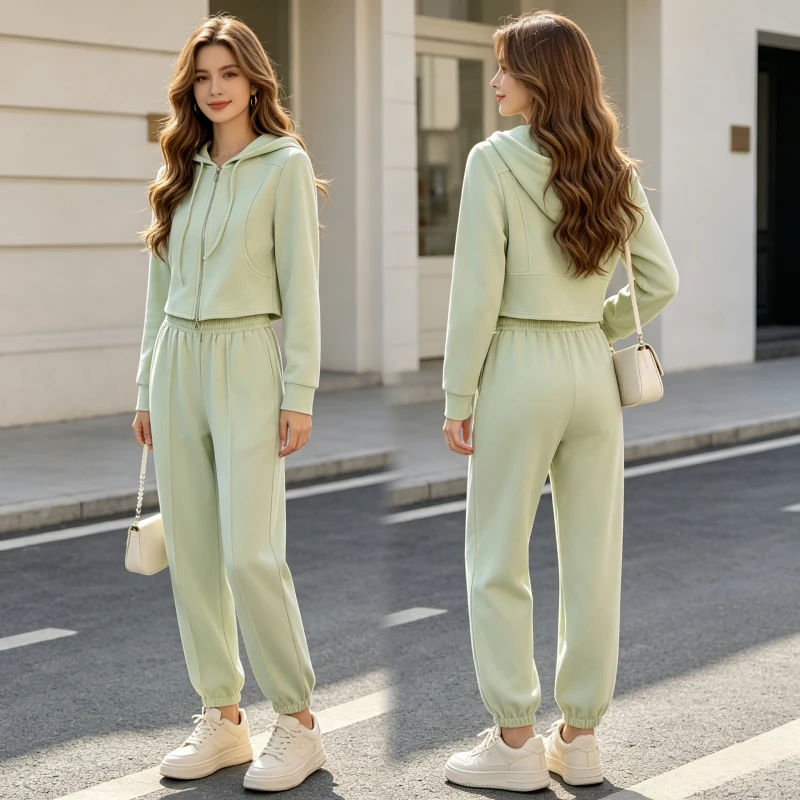 Women Two Piece Pant Sets Elastic Waist Straight Pants Solid Casual Zipper Hoodies Sweatshirts Long Sleeve Sporty Suit Autumn