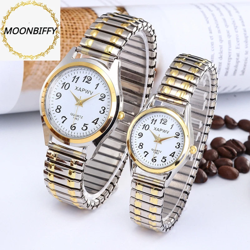 Classic Man Women Couple Wrist Watches Stainless Steel Alloy Lovers Business Quartz Movement Wristwatch Elastic Strap Band Watch