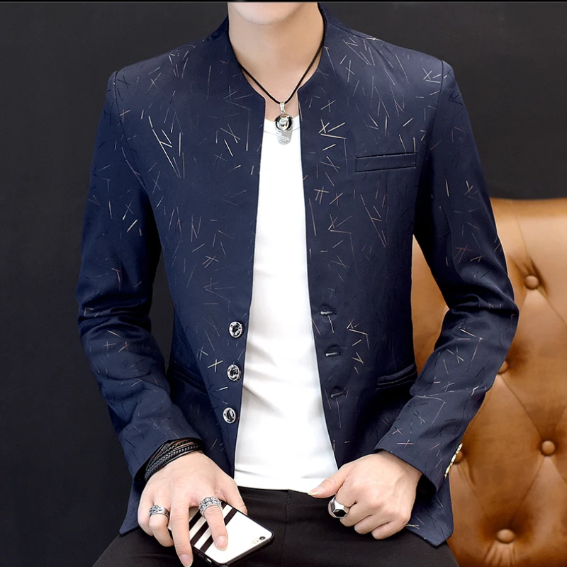 Chinese Style Collarless Suit Jacket for Men Fashion Slim Fit Casual Men Blazers Wedding Business Street Wear Social Coats