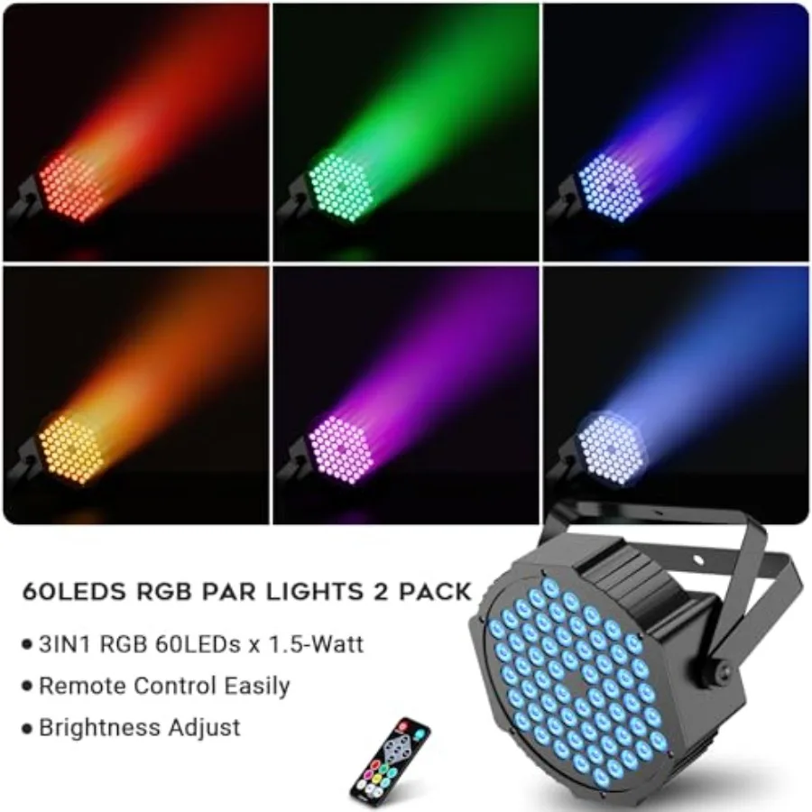 RGB LED Par Stage Lights: 90W Brightness Adjustable - Remote DMX Control - Sound Activated Music Sync - Par Can Lights Great fo