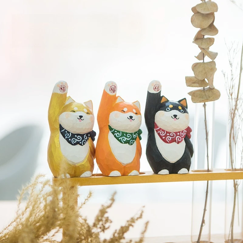 Wood Carving Shiba Inu Handmade Shiba Inu Wooden Handicraft Desktop Ornament Creative Cute Office Home Decoration