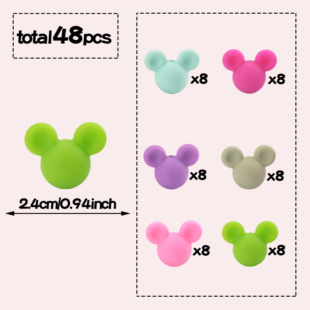 LOFCA 48pcs Silicone Teething Mouse 6color Bead Baby Teether Bead Food Grade Silicone Beads BPA Free DIY Necklace Pendant Making