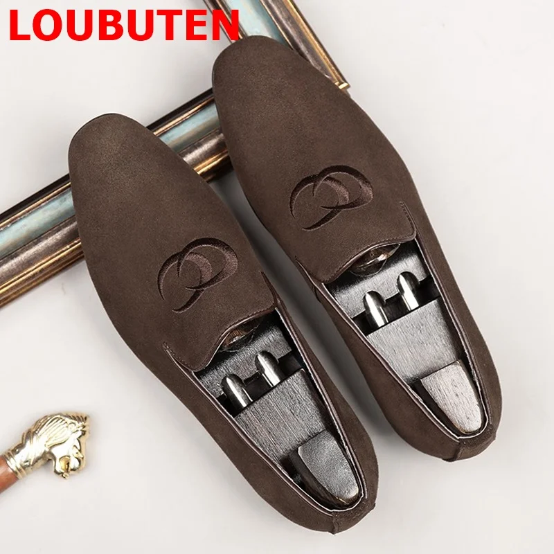 LOUBUTEN-zapatos de cuero de ante para hombre, mocasines bordados a la moda, planos informales, hechos a mano, zapatillas de vestir, zapatos de