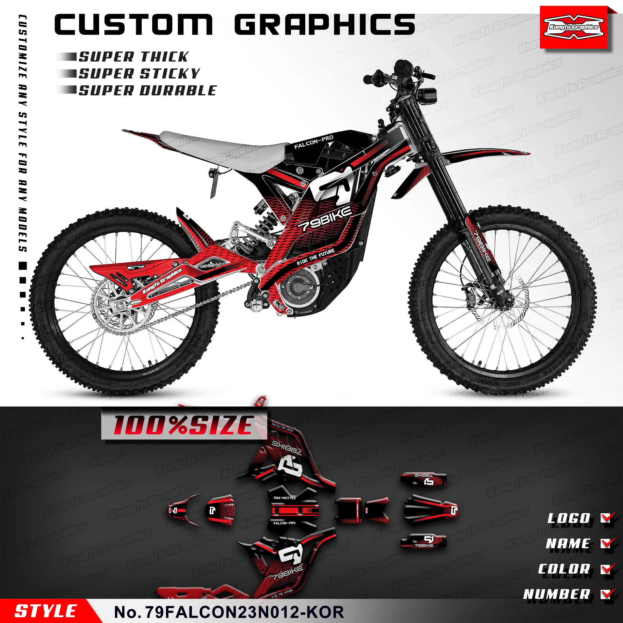 

Графическая клейкая наклейка KUNGFU GRAPHICS Dirtbike для электрического велосипеда 79BIKE Falcon Pro 99, аксессуар, 79FALCON23N012-KOR